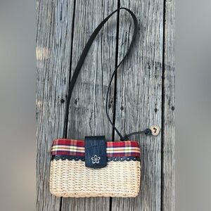 Brighton Straw & Leather Basket Purse Tote Bag Plaid Lining With Strap